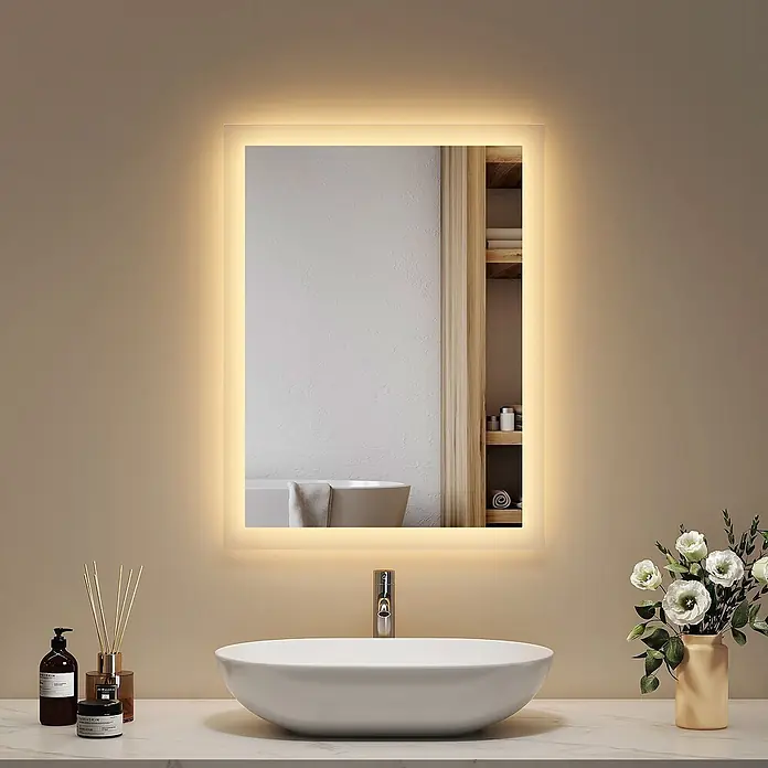Emke Lichtspiegel Dimlite LM03 - 45 x 60 cm - Rechteckiger LED-beleuchteter Spiegel über einem Waschbecken, reflektiert minimalistischen Badinnenraum.