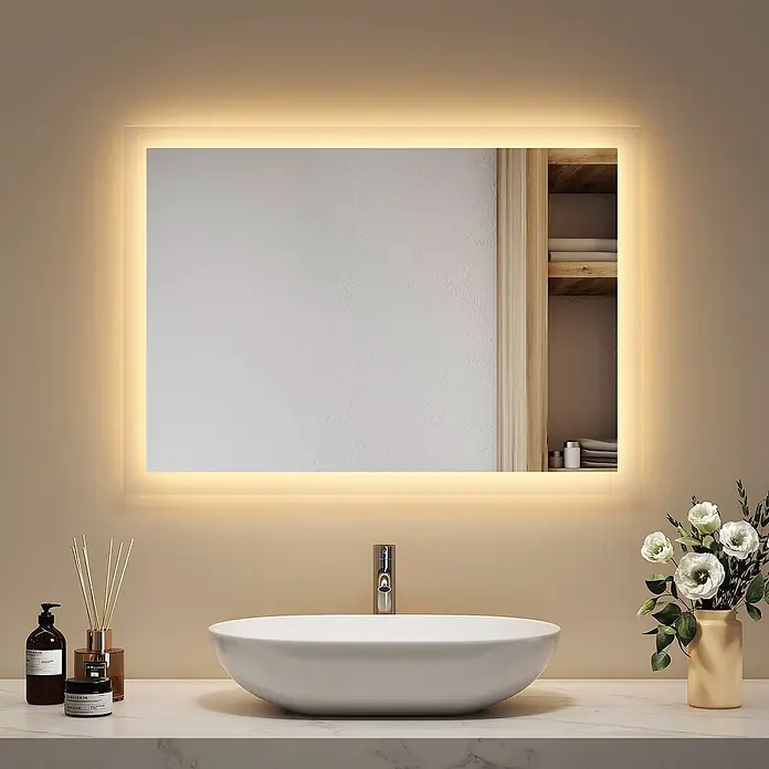 Emke Lichtspiegel Dimlite LM03 - 50 x 70 cm - Rechteckiger LED-beleuchteter Badezimmerspiegel, der eine Wand und Holzregale über einem Waschbecken beleuchtet.