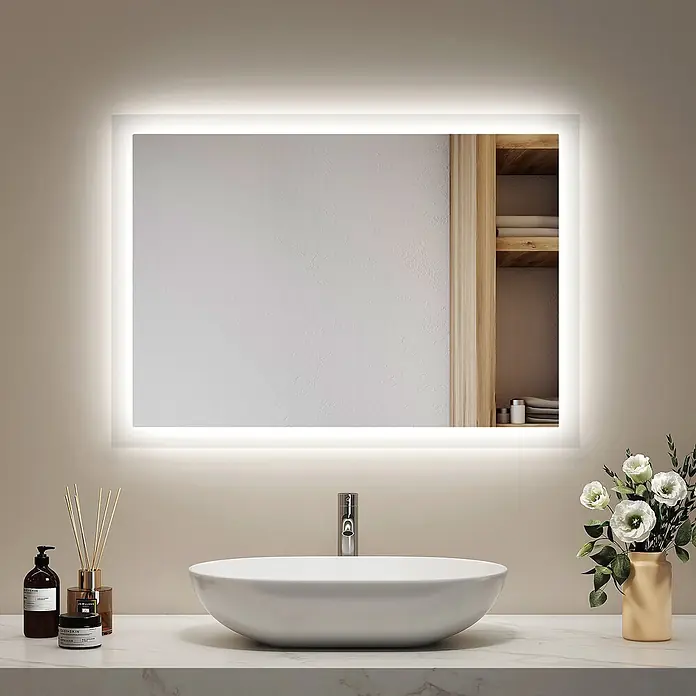 Emke Lichtspiegel Dimlite LM03 - 50 x 70 cm - Rechteckiger LED-Badspiegel über einem Waschbecken in modernem Ambiente.