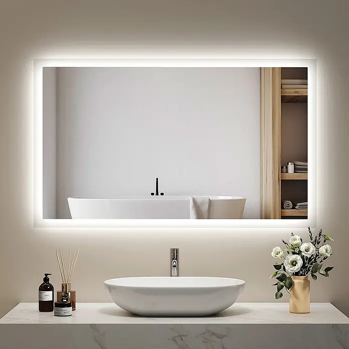 Emke Lichtspiegel Dimlite LM03 -  - Rechteckiger LED-Badezimmerspiegel mit Hintergrundbeleuchtung, reflektiert eine moderne Badewanne und Holzregale.