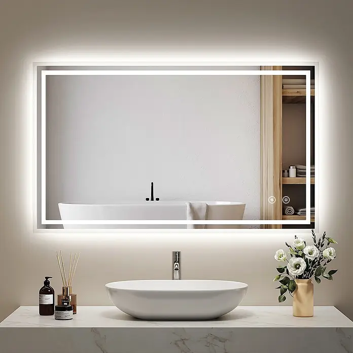 Emke Lichtspiegel Dimlite LM04 - 100 x 60 cm - Rechteckiger LED-Badezimmerspiegel mit Hintergrund- und Vorderbeleuchtung sowie Touch-Bedienung, der ein modernes Bad widerspiegelt.