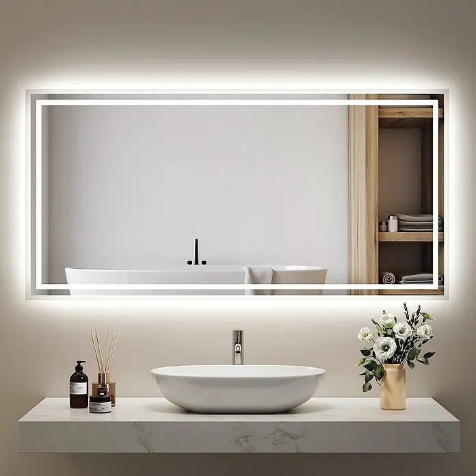 Emke Lichtspiegel Dimlite LM04 - 120 x 60 cm - Rechteckiger LED-Badspiegel mit Innen- und Außenbeleuchtung über einem Waschbecken.