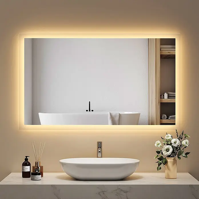 Emke Lichtspiegel Dimlite LM03 -  - Rechteckiger LED-beleuchteter Spiegel über einem weißen Waschbecken in einem modernen Bad.
