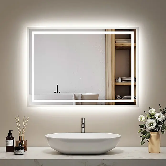 Emke Lichtspiegel Dimlite LM04 -  - Rechteckiger LED-beleuchteter Badezimmerspiegel über einem weißen Waschbecken.