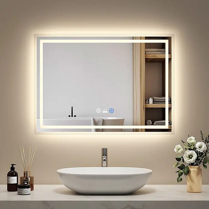 Emke Lichtspiegel Dimlite LM04 - 70 x 50 cm - Rechteckiger LED-Badezimmerspiegel mit beleuchtetem Rand, über einem weißen Aufsatzwaschbecken installiert. Mit Touch-Bedienelementen und Hintergrundbeleuchtung.
