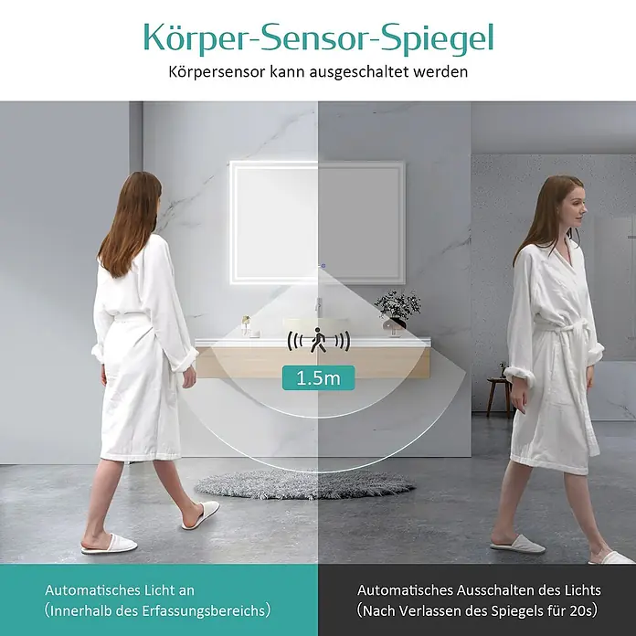 Emke Lichtspiegel Dimlite LM04 - 70 x 50 cm - Beleuchteter Badezimmerspiegel mit Körpersensor, der sich bei Annäherung auf 1,5m automatisch ein- und nach 20s ausschaltet.