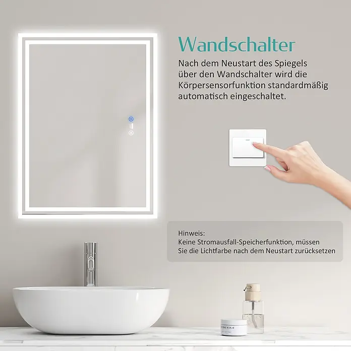 Emke Lichtspiegel Dimlite LM04 - 70 x 50 cm - Rechteckiger LED-Badezimmerspiegel mit integrierter Beleuchtung und Touch-Steuerung, über Wandschalter bedienbar, über Waschbecken.