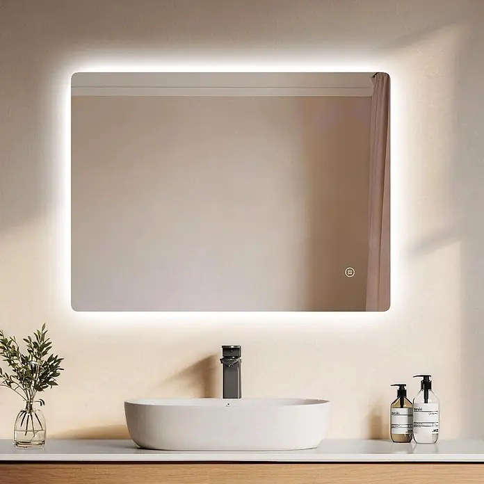 Emke Lichtspiegel Glowrim LM09 -  - Rechteckiger LED-Spiegel mit beleuchteten Kanten und Touch-Steuerung, über einem modernen Waschbecken montiert.