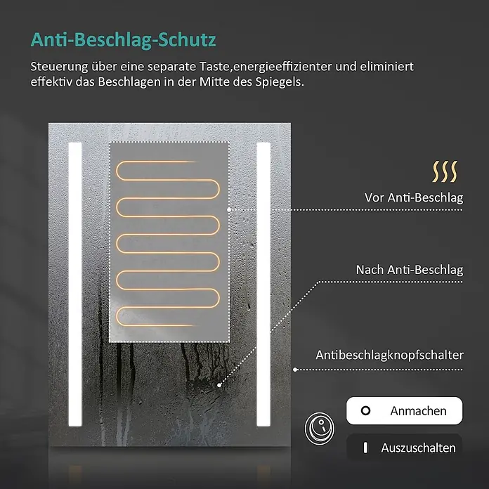 Emke Lichtspiegel Frolite LM01 -  - Spiegel mit Anti-Beschlag-Funktion, die einen Heizbereich in der Mitte klar hält.