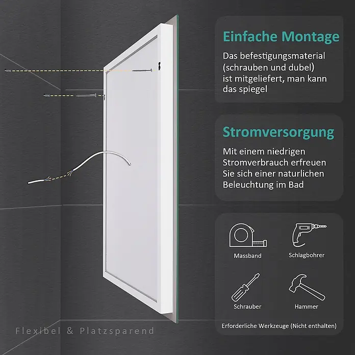 Emke Lichtspiegel Frolite LM01 -  - Rückseite eines weißgerahmten, rechteckigen Badspiegels bei der Wandmontage, zeigt Befestigungsschrauben und Stromanschluss für die Beleuchtung.