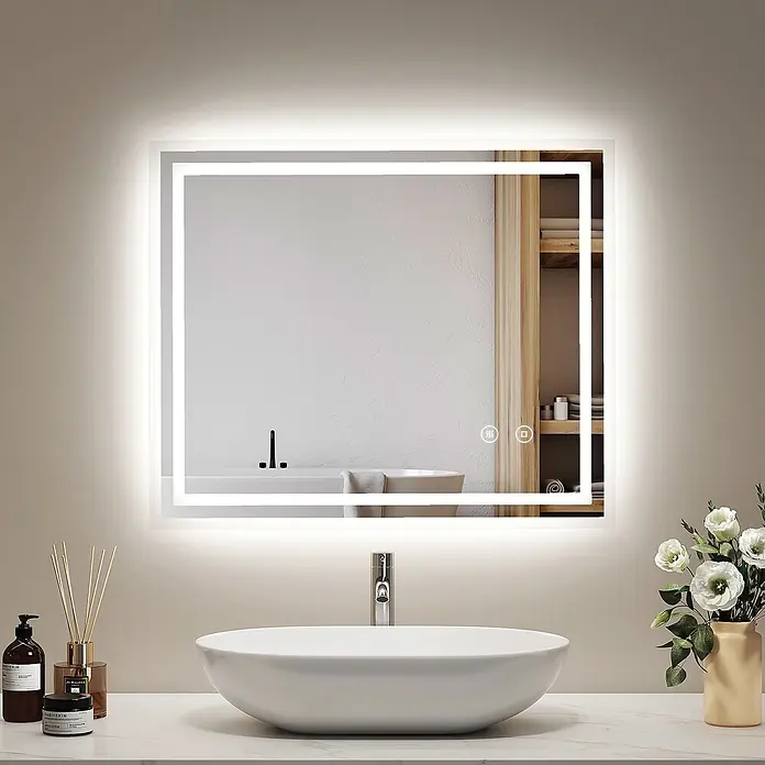 Emke Lichtspiegel Dimlite LM04 -  - Rechteckiger LED-Badezimmerspiegel mit beleuchtetem Rand und Touch-Bedienelementen über einem weißen Waschbecken.
