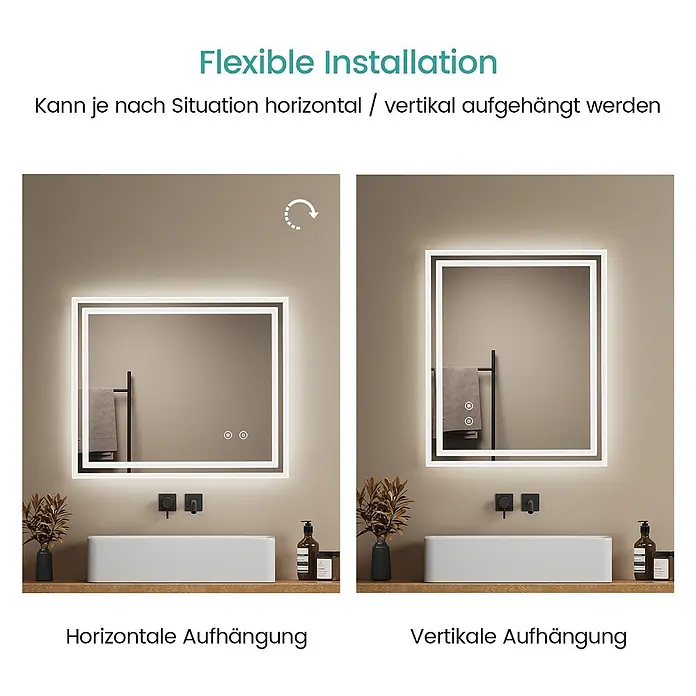 Emke Lichtspiegel Dimlite LM04 -  - Rechteckiger LED-Spiegel, horizontal und vertikal über einem Waschbecken installiert, zeigt flexible Ausrichtung.