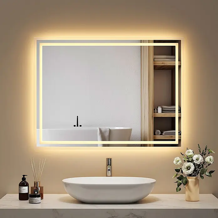 Emke Lichtspiegel Dimlite LM04 -  - Rechteckiger LED-Spiegel mit warmem Licht über einem weißen Waschbecken im Bad, der eine Badewanne und Holzregale reflektiert.