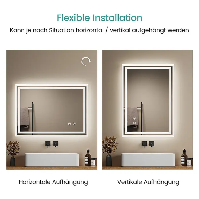 Emke Lichtspiegel Dimlite LM04 -  - Beleuchteter rechteckiger Badezimmerspiegel, der flexible horizontale und vertikale Installationsmöglichkeiten demonstriert.