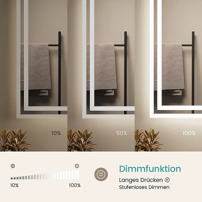 Emke Lichtspiegel Dimlite LM04 - 80 x 60 cm - Ein dimmbarer LED-Spiegel in drei Helligkeitsstufen (10%, 50%, 100%) gezeigt, um seine einstellbare Beleuchtung zu demonstrieren.