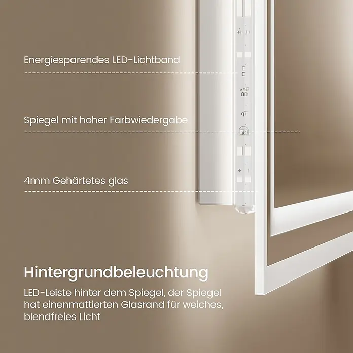 Emke Lichtspiegel Dimlite LM04 -  - Hinterleuchteter Spiegel mit LED-Lichtband und mattiertem Glasrand, aus 4mm gehärtetem Glas.
