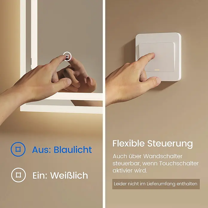 Emke Lichtspiegel Dimlite LM04 - 80 x 60 cm - Eine Hand betätigt die Touch-Steuerung eines beleuchteten Spiegels, während eine andere einen externen Wandschalter für flexible Kontrolle drückt.