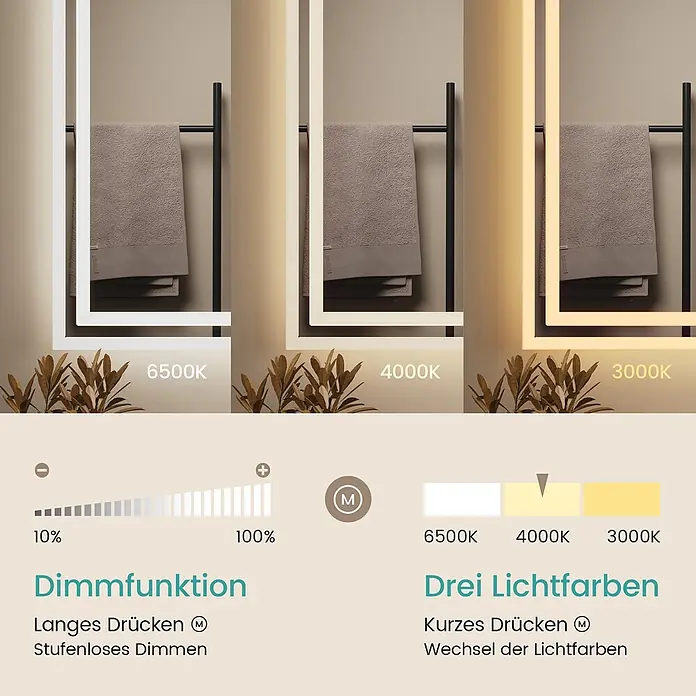 Emke Lichtspiegel Dimlite LM04 - 80 x 60 cm - Beleuchteter Spiegel mit Dimmfunktion (10-100%) und einstellbaren Lichtfarben (6500K, 4000K, 3000K) für Badezimmer.