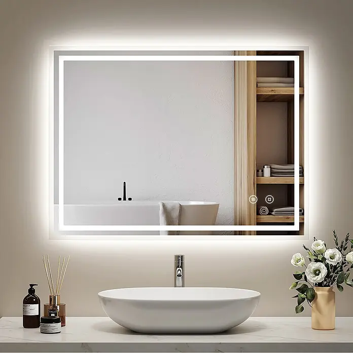 Emke Lichtspiegel Dimlite LM04 -  - Rechteckiger LED-beleuchteter Badezimmerspiegel mit integrierten Touch-Bedienelementen, der ein modernes Badezimmer widerspiegelt.