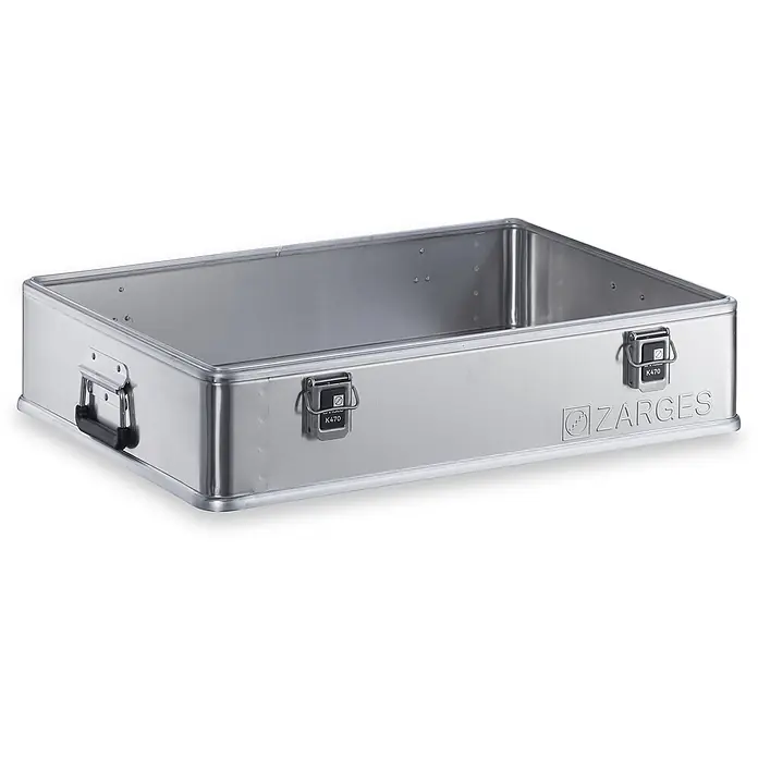 Zarges Aufbewahrungsbox Transportkiste K470 Plus Unterteil 800x600x180mm 62l -  - Silberner Aluminium-Transportbehälter mit Griffen und Verschlüssen, oben offen.
