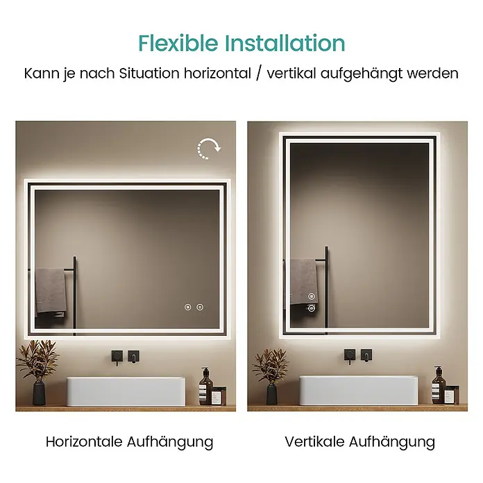 Emke Lichtspiegel Dimlite LM04 -  - LED-Badezimmerspiegel, der die flexible Installation horizontal und vertikal über einem Waschbecken zeigt.