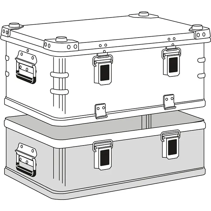 Zarges Aufbewahrungsbox Transportkiste K470 Plus Oberteil 600x400x250mm 42l -  - Zwei gestapelte hellgraue Metall-Transportboxen mit Griffen und Verschlüssen, eine offen.