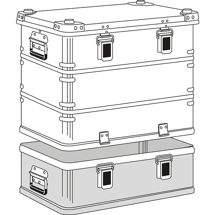 Zarges Aufbewahrungsbox Transportkiste K470 Plus Unterteil 600x400x180mm 29l -  - Drei stapelbare Metall-Aufbewahrungsboxen, eine grau und zwei weiß.