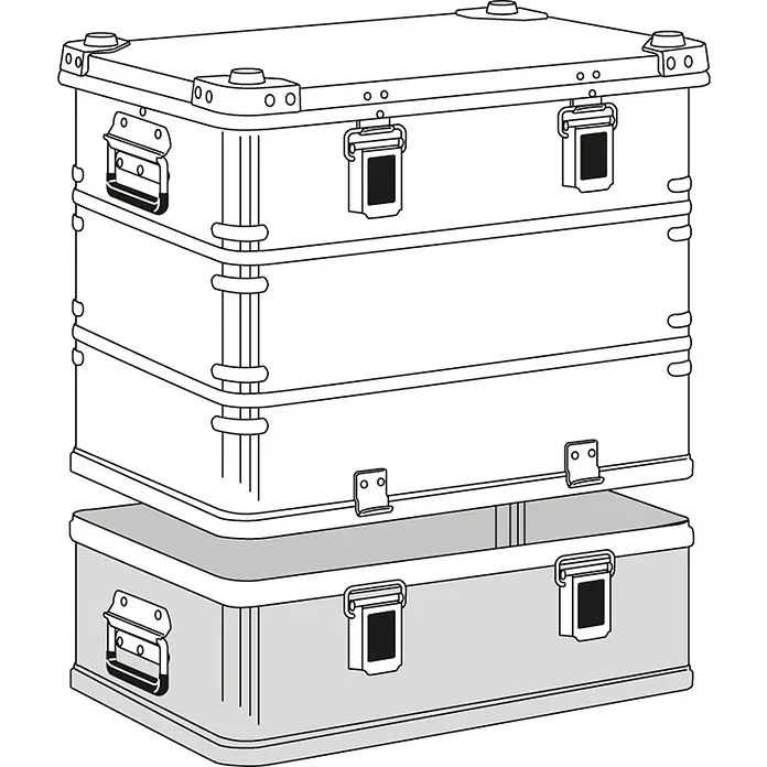 Zarges Aufbewahrungsbox Transportkiste K470 Plus Oberteil 600x400x410mm 73l -  - Drei stapelbare Metallkoffer: zwei weiß, einer grau, mit Verschlüssen und Griffen.