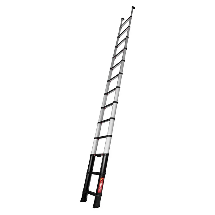 Telesteps Teleskopleiter Anlegeleiter Rescue Line Militär 13 Sprossen 4,1m - Anzahl Tritte: 13 Stk., Arbeitshöhe: 5.000 m, Belastbarkeit: 500 kg, Aluminium - Eine ausgefahrene silberne und schwarze Teleskopleiter mit schwarzen Sprossen und roten Sicherheitsindikatoren, aufrecht stehend.