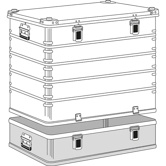 Zarges Aufbewahrungsbox Transportkiste K470 Plus Oberteil 800x600x610mm 240l -  - Fünf stapelbare Hochleistungskoffer, ein Unterteil in Grau, mit Verschlüssen und Griffen zur sicheren Aufbewahrung.
