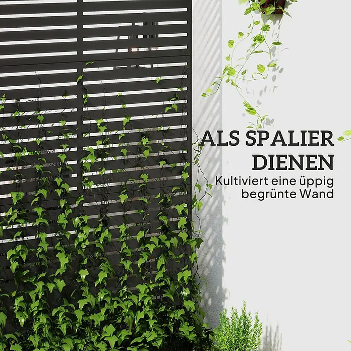 Furnicato Sichtschutzelement - B x H: 45 x 198 cm, Stahl, Schwarz - Dunkelgraues Rankgitter mit Kletterpflanzen, das eine üppig begrünte Wand schafft.