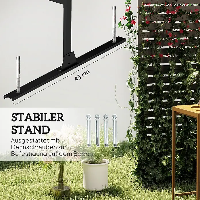 Furnicato Sichtschutzelement - B x H: 45 x 198 cm, Stahl, Schwarz - Schwarzer 45cm Metall-Standfuß für Rankgitter, mit zwei eingesetzten und vier separaten Dehnschrauben zur Bodenbefestigung.