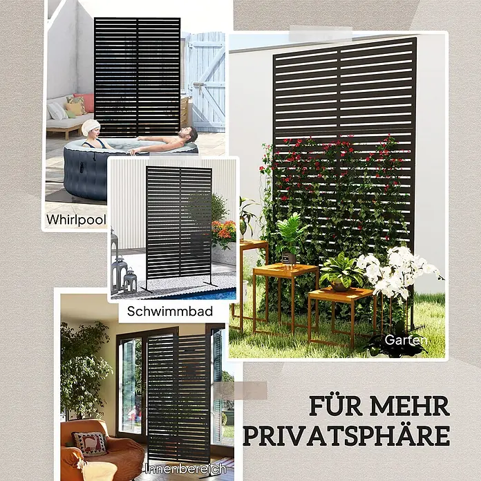 Furnicato Sichtschutzelement - B x H: 45 x 198 cm, Stahl, Schwarz - Schwarzer Lamellen-Sichtschutz, dargestellt in verschiedenen Szenen (Whirlpool, Pool, Garten, Innenbereich) für mehr Privatsphäre.