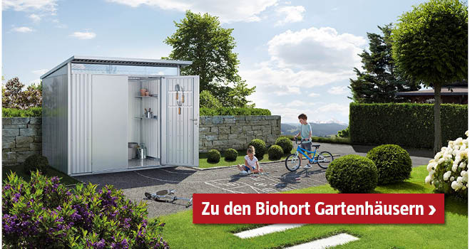Silbernes Gartenhaus von Biohort im Garten, 2 Kinder spielen am Weg und schieben ein Fahrrad