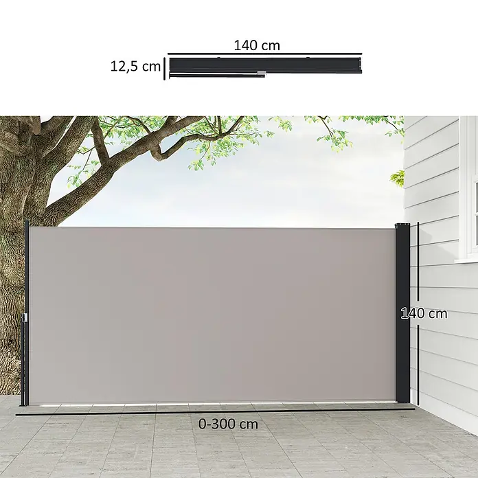 Outsunny Sichtschutzelement - Metall, Hellgrau - Graue ausziehbare Seitenmarkise, 140 cm hoch, bis 300 cm ausziehbar, bietet Privatsphäre auf der Terrasse.