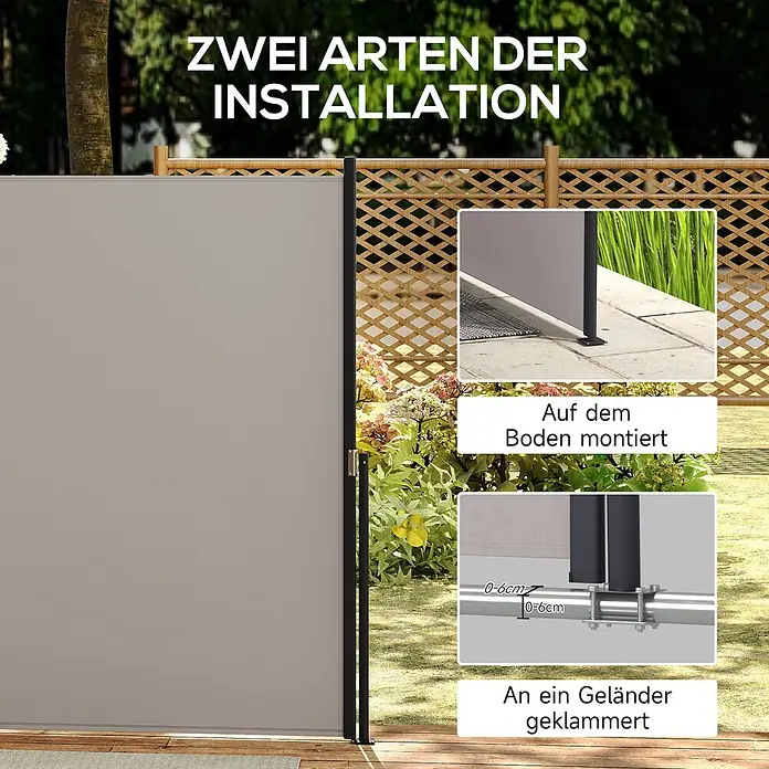 Outsunny Sichtschutzelement - Metall, Hellgrau - Graue Seitenmarkise zeigt zwei Installationsarten: Bodenmontage und Klemmung an ein Geländer.