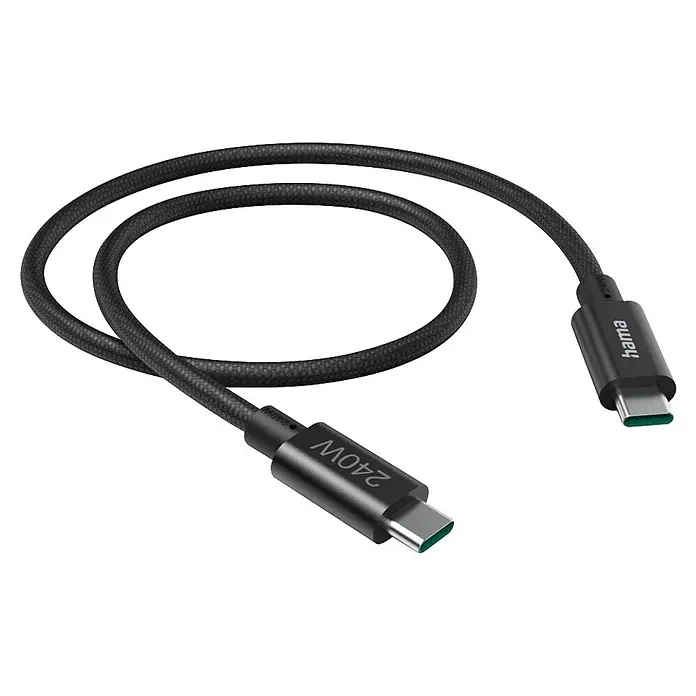 Hama USB-Kabel USB 3.2 Gen1 USB-C 00201702 - 1,5 m, Schwarz - Schwarzes geflochtenes USB-C-Kabel mit Hama-Branding und 240W Ladeleistung auf den Steckern.