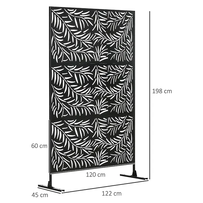 Outsunny Sichtschutzelement - Metall, Schwarz - Freistehender schwarzer Metall-Sichtschutz mit dekorativem Blattmuster.