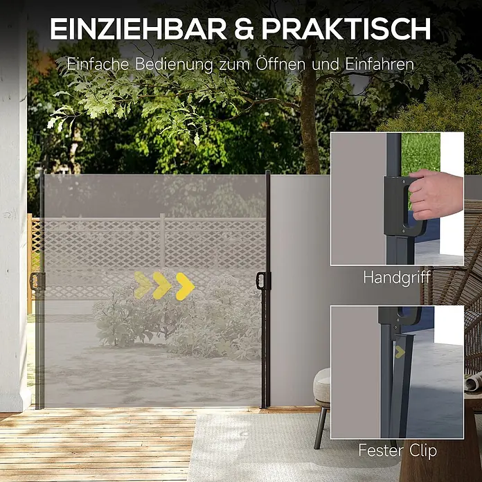 Outsunny Sichtschutzelement - Metall, Hellgrau - Graue ausziehbare Seitenmarkise mit dunklem Rahmen, auf Terrasse ausgezogen, mit Griff und Befestigungsclip.