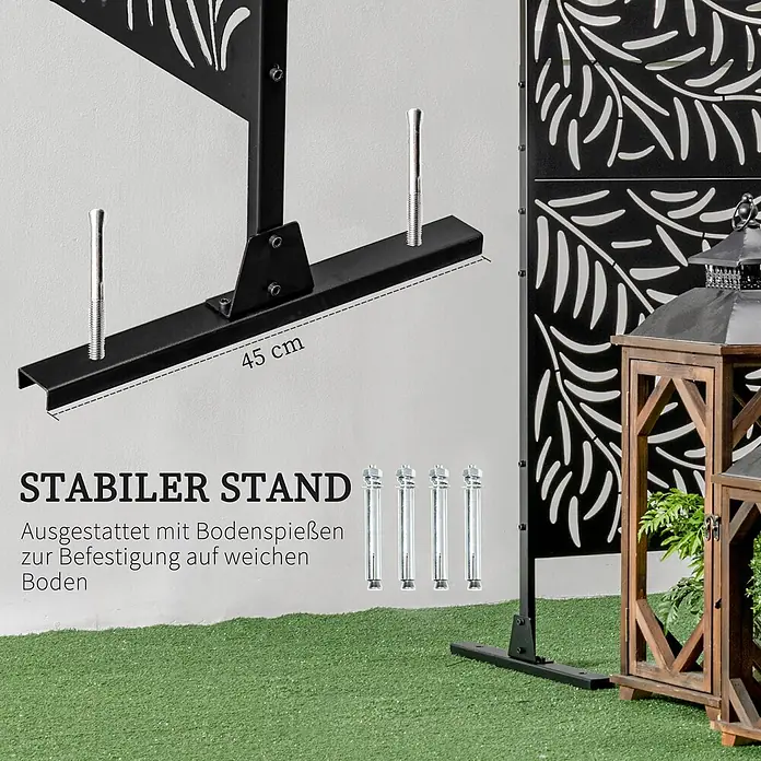 Outsunny Sichtschutzelement - Metall, Schwarz - Schwarzer Metallständerfuß, 45 cm lang, mit vier Bodenspießen zur Befestigung auf weichem Untergrund.