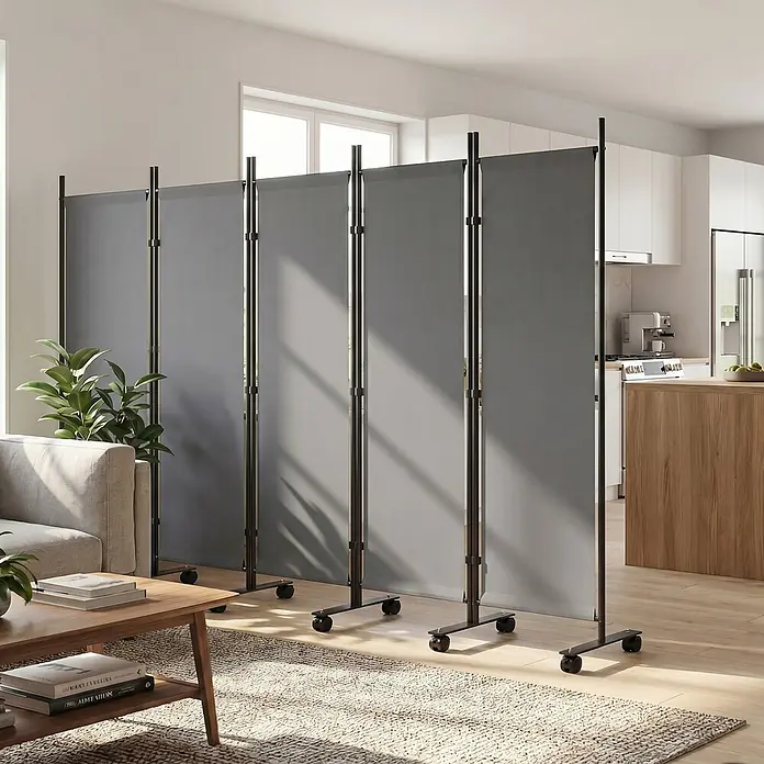 Outsunny Sichtschutzelement - Stahl, Dunkelgrau - Mobiler Raumteiler mit fünf grauen Paneelen und schwarzen Metallstangen auf Rollen, trennt Wohnzimmer und Küche.