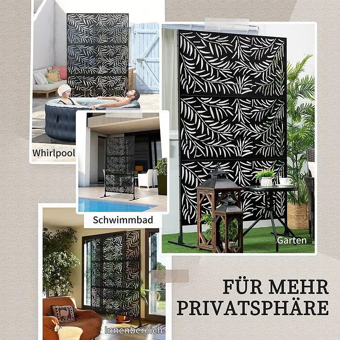 Outsunny Sichtschutzelement - Metall, Schwarz - Schwarzer Metall-Sichtschutz mit Blattmuster, vielseitig eingesetzt für Privatsphäre im Innen- und Außenbereich.