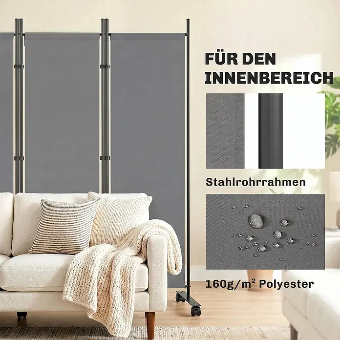 Outsunny Sichtschutzelement - Stahl, Dunkelgrau - Grauer Raumteiler mit Stahlrahmen und Polyestergewebe, für den Innenbereich neben einem Sofa.