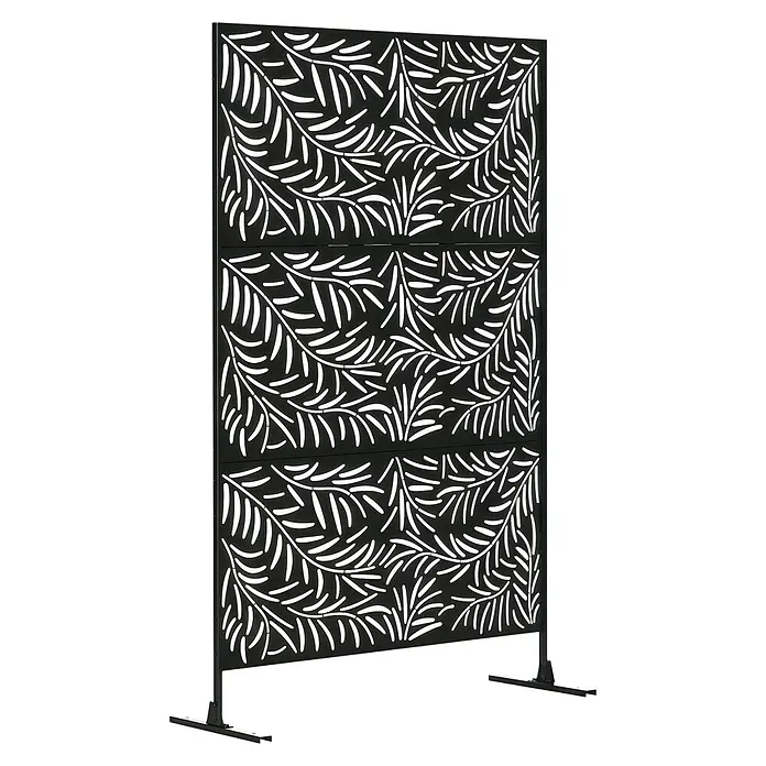 Outsunny Sichtschutzelement - Metall, Schwarz - Schwarzer Metall-Sichtschutz mit dekorativen Blattmuster-Paneelen, auf Standfüßen.