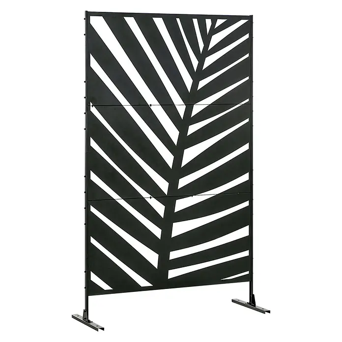 Outsunny Sichtschutzelement - Stahl, Schwarz - Schwarzer Metall-Sichtschutz mit Palmenblatt-Muster, auf einem Ständer.