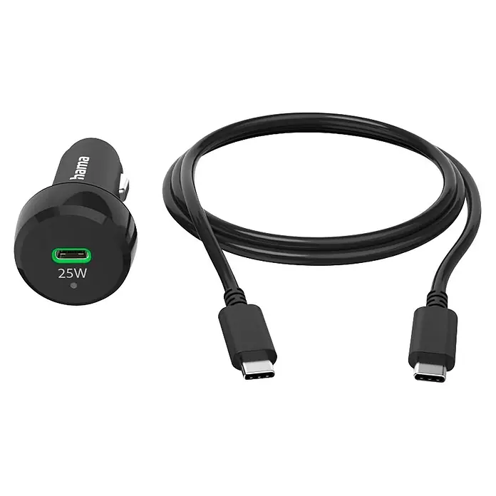 Hama USB-Kabel 00201614 mit Ladekabel USB-C PD 25 W - 1 m, Schwarz - Schwarzes Autoladegerät mit grünem 25W USB-C-Anschluss und aufgewickeltem schwarzen USB-C-zu-USB-C-Kabel.