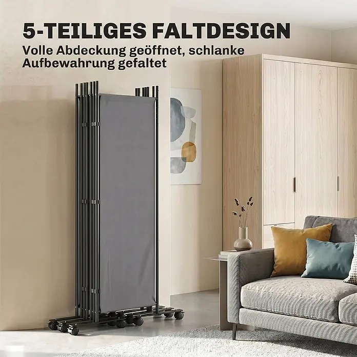 Outsunny Sichtschutzelement - Stahl, Dunkelgrau - Tragbarer 5-teiliger grauer Faltraumteiler mit schwarzem Rahmen auf Rollen, teilweise ausgeklappt für flexible Raumteilung.