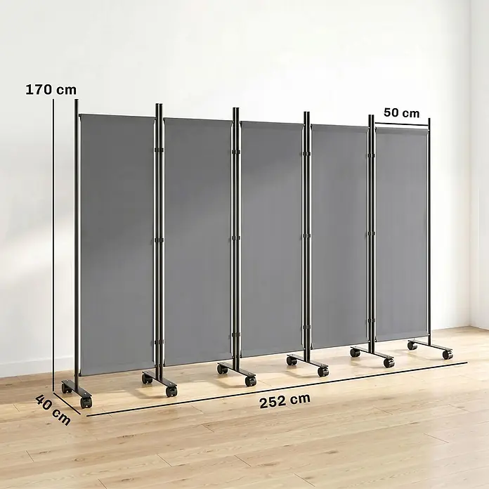 Outsunny Sichtschutzelement - Stahl, Dunkelgrau - Mobiler Raumteiler mit vier grauen Stoffpaneelen und schwarzen Metallständern auf Rollen, 170 cm hoch und 252 cm breit.