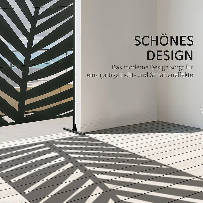 Outsunny Sichtschutzelement - Stahl, Schwarz - Schwarzer dekorativer Raumteiler mit Blattmuster, der einzigartige Schatten auf einen Holzboden wirft.