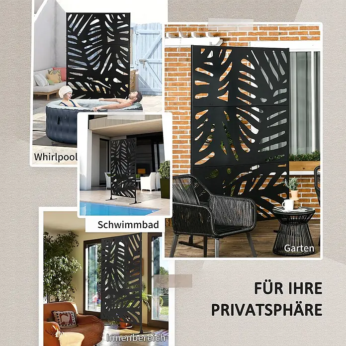 Outsunny Sichtschutzelement - B x H: 45 x 198 cm, Stahl, Schwarz - Schwarzer Metall-Sichtschutz mit Blattausschnitten, als Sichtschutz für Whirlpool, Pool, Garten und Innenbereich gezeigt.